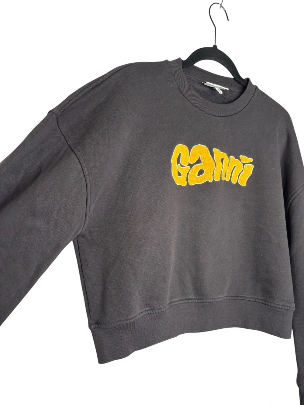 Ganni Black Cropped Sweatshirt with Yellow Logo - Picture 3 of 12